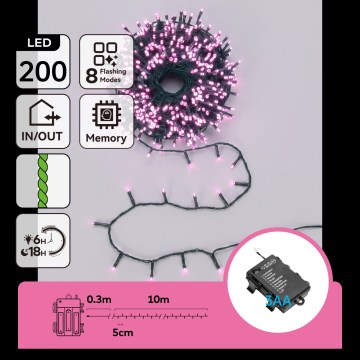 Aigostar - Guirlande lumineuse extérieure de Noël 200 LED/8 fonctions 3 piles AA 10,3 m IP44 rose