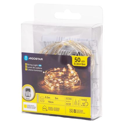 Aigostar - Guirlande lumineuse LED d'extérieur 50xLED/8 modes 3xAA 5,3 m blanc chaud