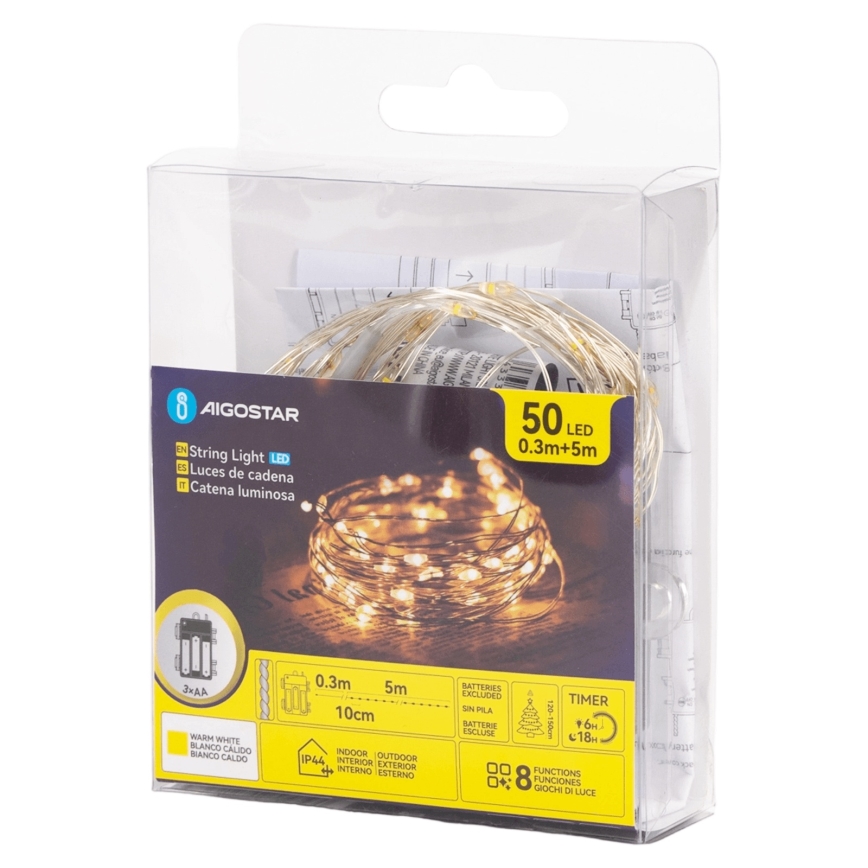 Aigostar - Guirlande lumineuse LED d'extérieur 50xLED/8 modes 3xAA 5,3 m blanc chaud