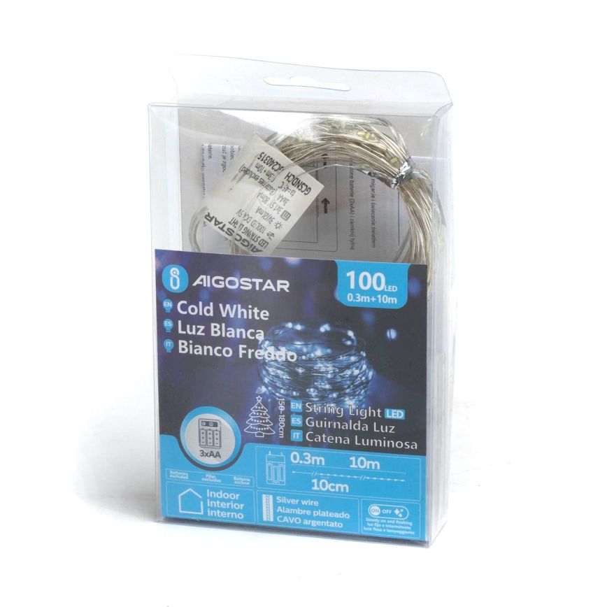 Aigostar - Guirlande lumineuse LED de Noël 100xLED/3xAA 10,3 m blanc froid