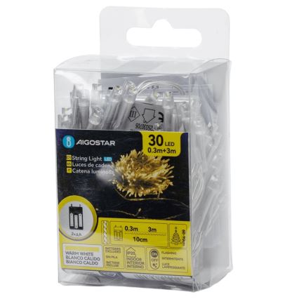 Aigostar - Guirlande lumineuse LED de Noël 30xLED/3xAA 3,3m blanc chaud