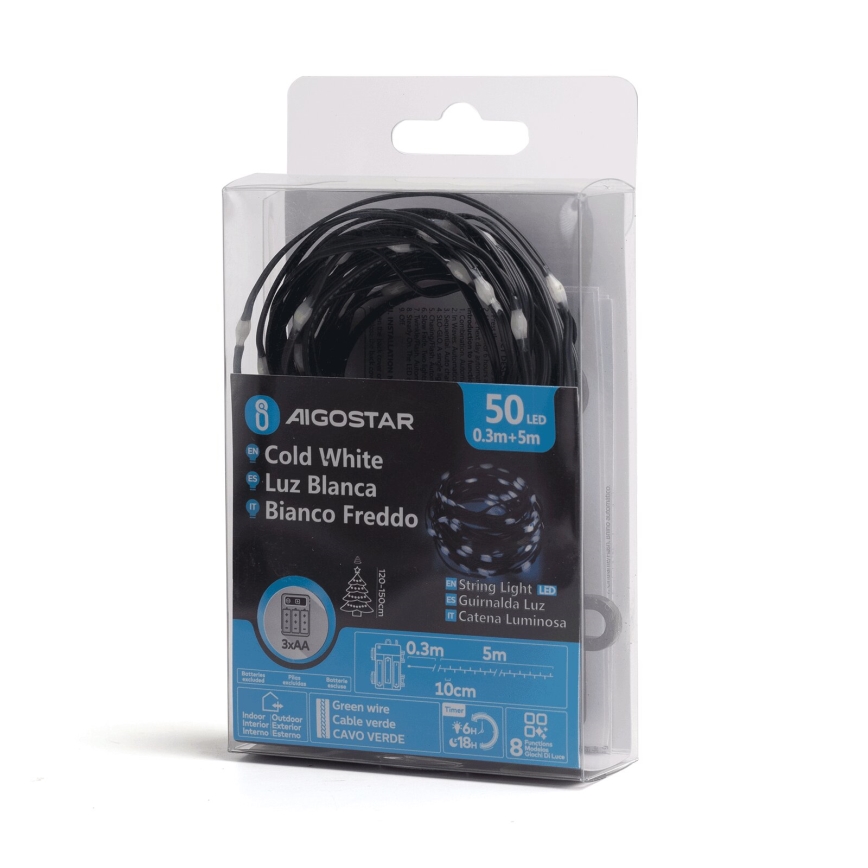 Aigostar - Guirlande lumineuse LED d'extérieur, 50 LED, 8 modes, fonctionnement sur 3 piles AA, 5,3 m, IP44, blanc froid