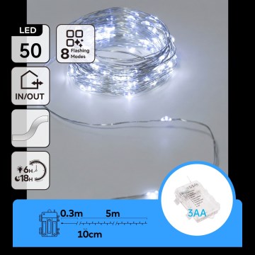 Aigostar - Guirlande lumineuse LED d'extérieur 50 LED, alimentée par 3 piles AA, IP44, 5,3 m, blanc froid