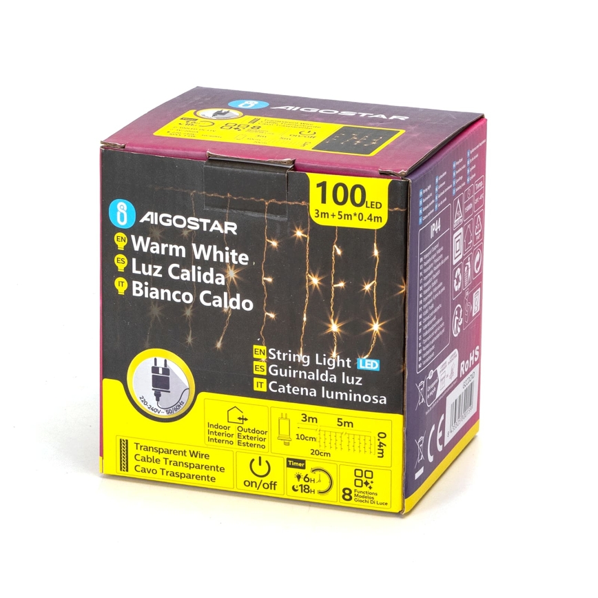 Aigostar - Guirlande lumineuse LED d'extérieur de Noël 100xLED/8 fonctions 8x0,4m IP44 blanc chaud