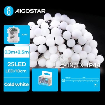 Aigostar - Guirlande lumineuse LED d'extérieur de Noël 25xLED/3xAA/8 fonctions 2,8 m IP44 blanc froid