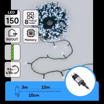 Aigostar - Guirlande lumineuse LED d'extérieur pour Noël, 150 LED, 8 modes, 18 m, IP44, blanc froid