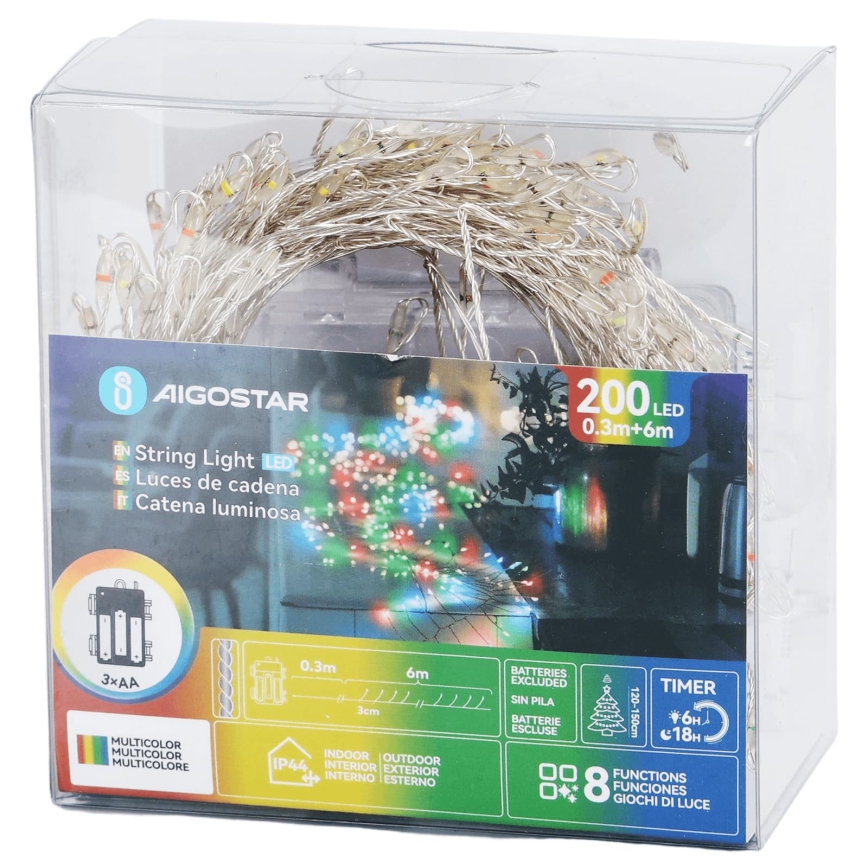 Aigostar - Guirlande lumineuse LED d'extérieur pour Noël 200xLED / 8 fonctions, 3xAA, 6,3 m, IP44, multicolore