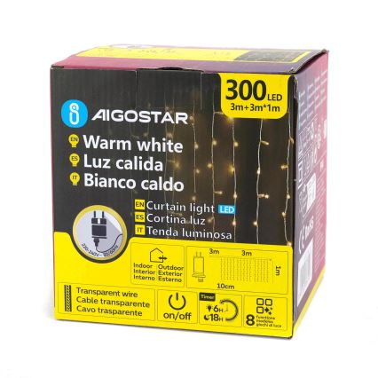 Aigostar - Guirlande lumineuse LED d'extérieur 300 LED/8 modes 3x1m IP44 blanc chaud + télécommande