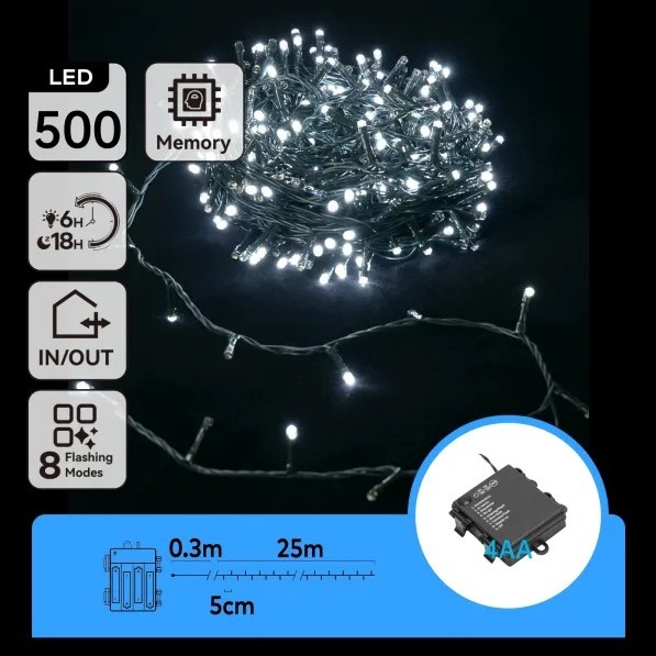 Aigostar - Guirlande lumineuse LED d'extérieur pour Noël, 500 LEDs, 8 fonctions, 4xAA, 25,3 m, IP44, blanc froid