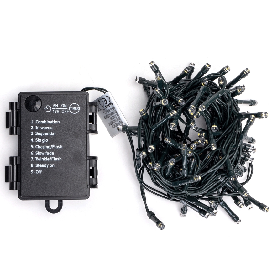 Aigostar - Guirlande LED d'extérieur 100 LED, 8 modes, 3×AA, 5,3 m, IP44, blanc chaud