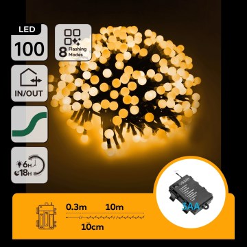 Aigostar - Guirlande lumineuse LED extérieure de Noël 100xLED/8 fonctions 3xAA 10,3m IP44 blanc chaud