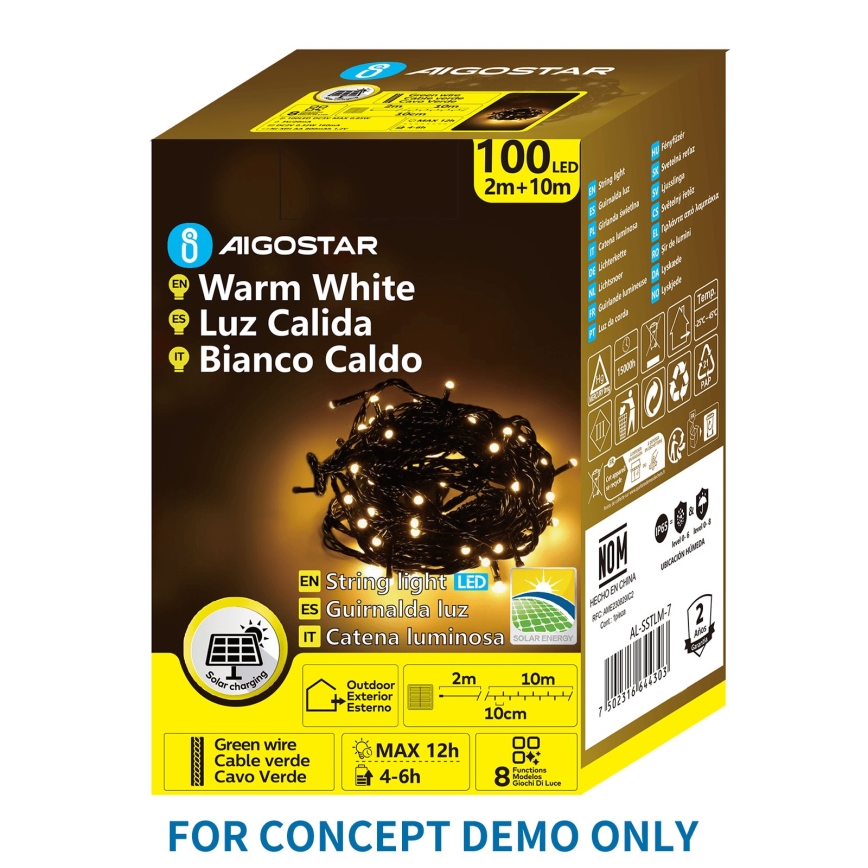 Aigostar - Guirlande de Noël solaire à LED 300 LED / 8 fonctions 32 m IP65 blanc chaud 1200 mAh
