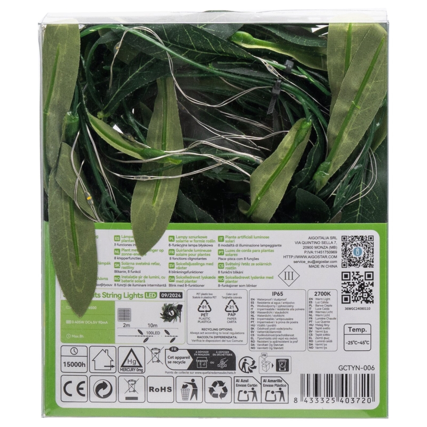 Aigostar - Guirlande solaire 100xLED/12m IP65 blanc chaud olive