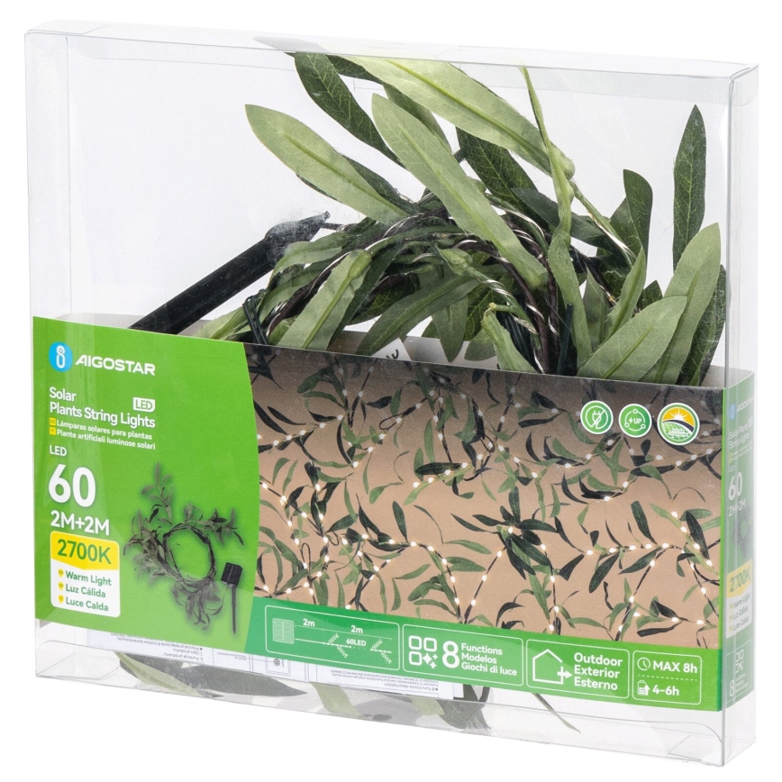 Aigostar - Guirlande solaire 60xLED/4m IP65 300 mAh blanc chaud olive
