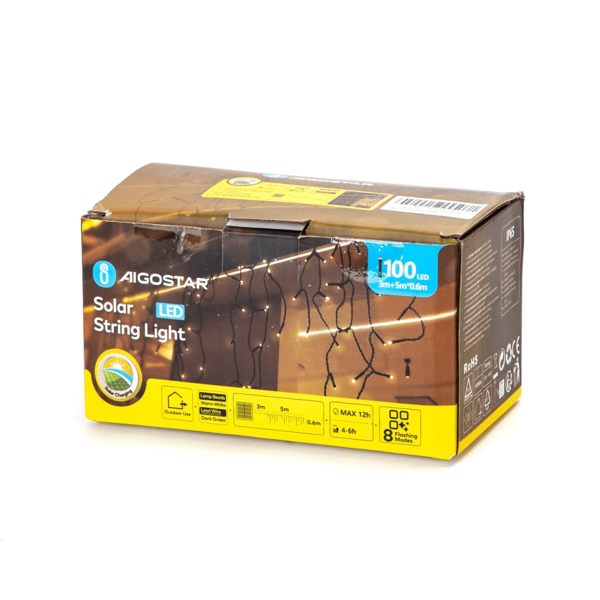 Aigostar - Guirlande solaire 100xLED/8 fonctions 8x0,6m 800 mAh IP65 blanc chaud