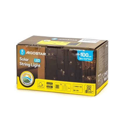 Aigostar - Guirlande solaire LED 100 LED / 8 fonctions, 4 x 1 m, IP65, blanc chaud, 800 mAh