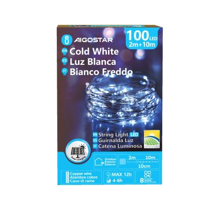 Aigostar - Guirlande solaire de Noël 100xLED/8 fonctions 12m IP65 800 mAh blanc froid
