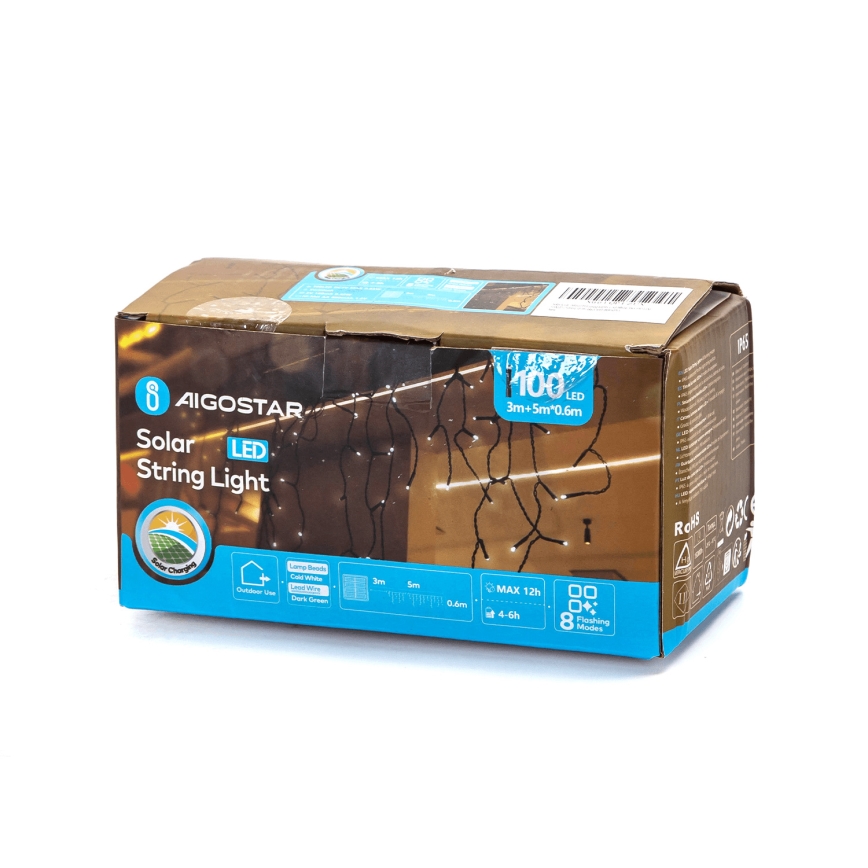 Aigostar - Guirlande solaire de Noël 100xLED/8 fonctions 8x0,6m 500 mAh IP65 blanc froid