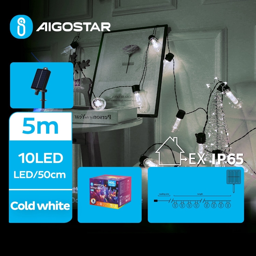 Aigostar - Guirlande solaire de Noël 10xLED/8 fonctions 6,5m 500 mAh IP65 blanc froid