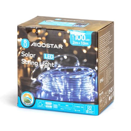 Aigostar - Guirlande solaire à 100 LED / 8 fonctions, 12 m, IP65, blanc froid, 800 mAh