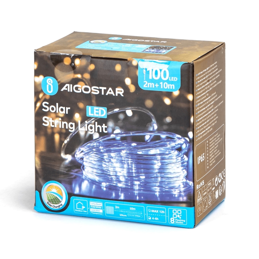 Aigostar - Guirlande solaire à 100 LED / 8 fonctions, 12 m, IP65, blanc froid, 800 mAh
