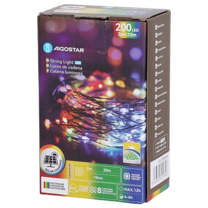 Aigostar - Guirlande solaire LED 200 LED / 8 fonctions, 22 m, IP65, multicolore, 800 mAh