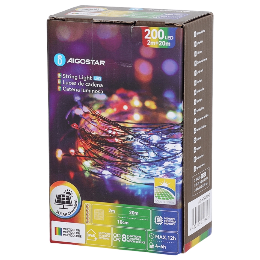 Aigostar - Guirlande solaire LED 200 LED / 8 fonctions, 22 m, IP65, multicolore, 800 mAh