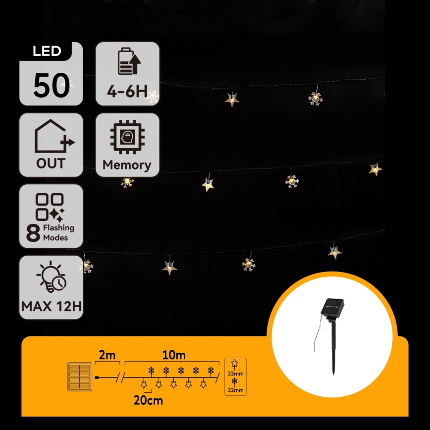 Aigostar - Guirlande solaire LED 50 LED / 8 modes, 12 m, 800 mAh, IP65, blanc chaud
