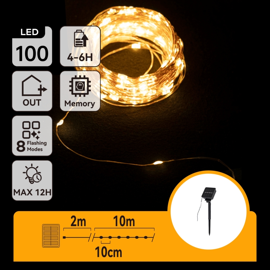 Aigostar - Guirlande de Noël solaire à LED, 100 LED / 8 fonctions, 12 m, 800 mAh, IP65, blanc chaud