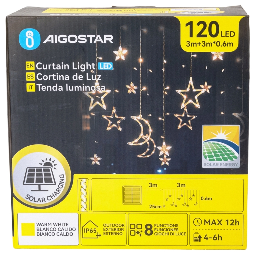 Aigostar - Guirlande LED solaire 120 LED / 8 fonctions, 3 x 0,6 m, 500 mAh, IP65, blanc chaud