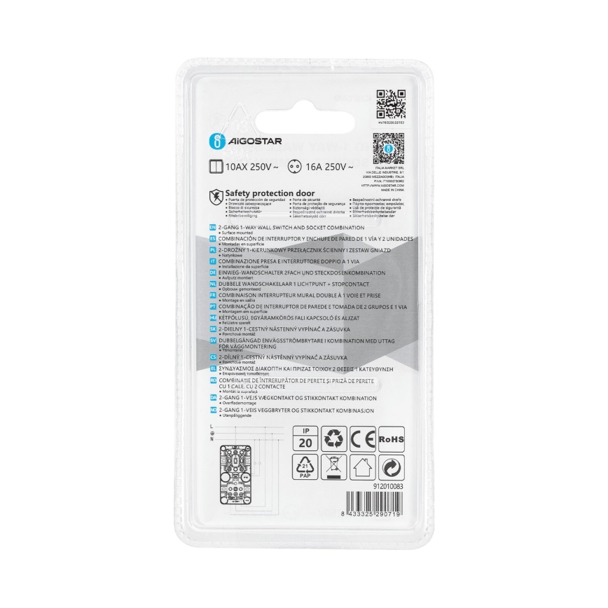 Aigostar - Huis schakelaar 2P met stopcontact 1x10A/250V