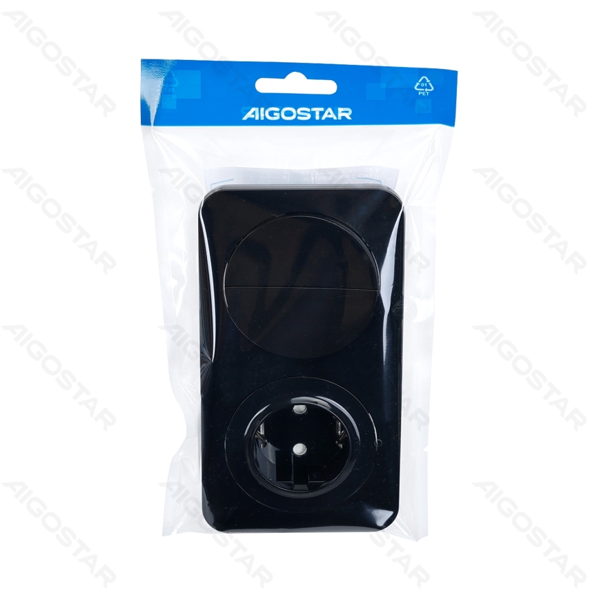 Aigostar - Interrupteur double n° 5 et prise SCHUKO 230V avec cadre noir