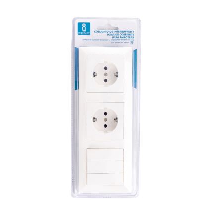 Aigostar - Interrupteur triple n°3 et 2 prises SCHUKO 230 V avec cadre blanc