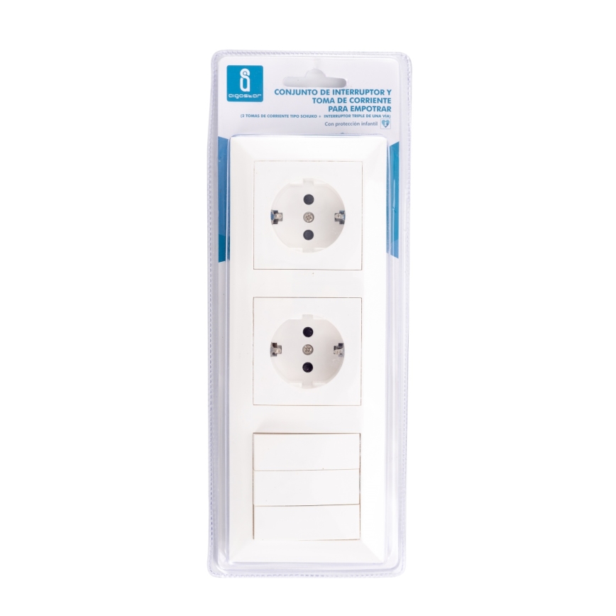 Aigostar - Interrupteur triple n°3 et 2 prises SCHUKO 230 V avec cadre blanc