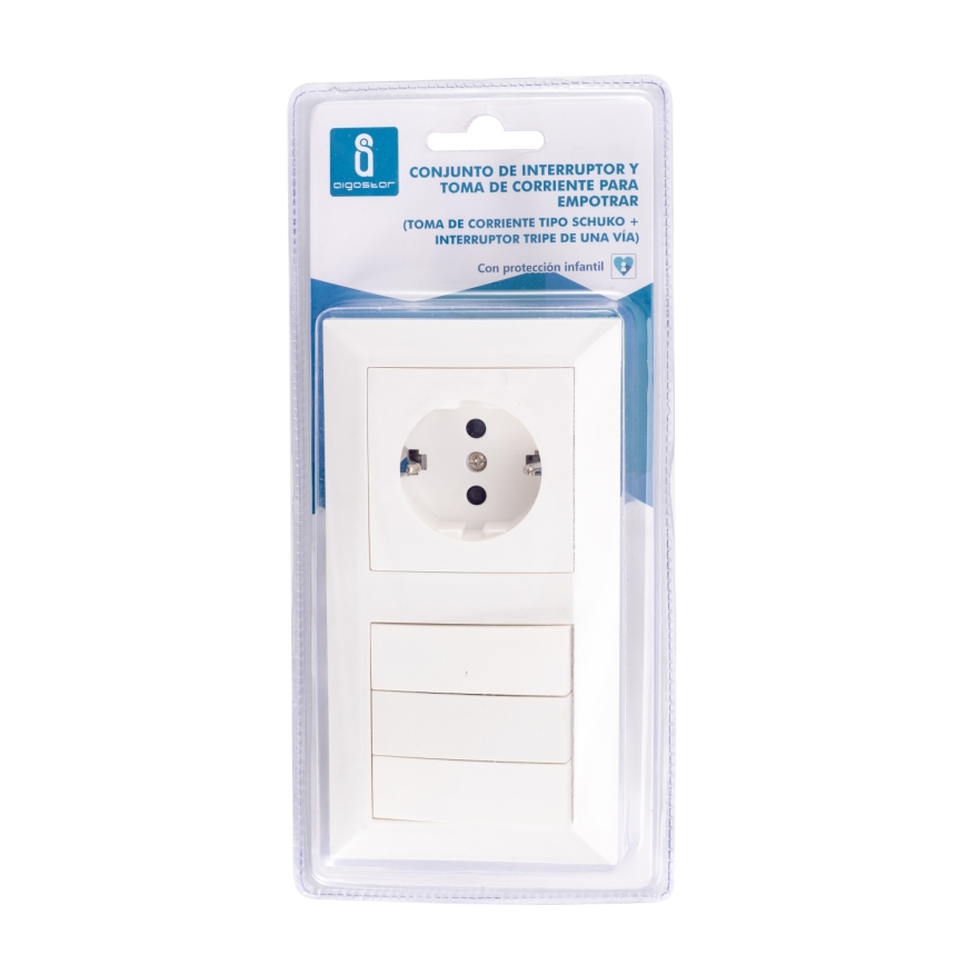 Aigostar - Interrupteur triple n°3 et prise SCHUKO 230 V avec cadre, blanc