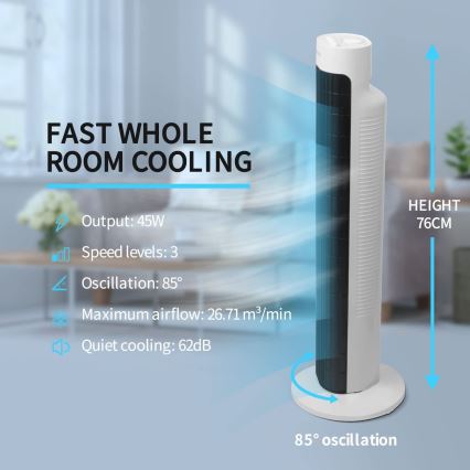 Aigostar - Kolom Ventilator 45W/230V zwart/wit
