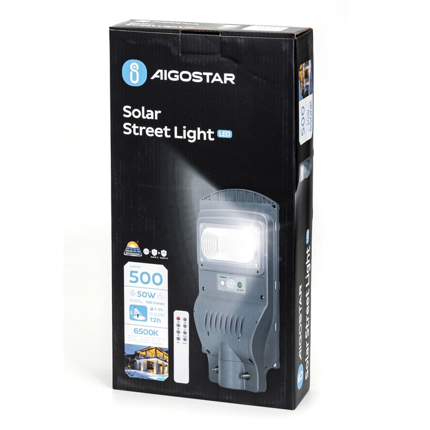 Aigostar - Lampadaire solaire avec détecteur LED/50W/3,2V 5000mAh IP65 6500K + télécommande