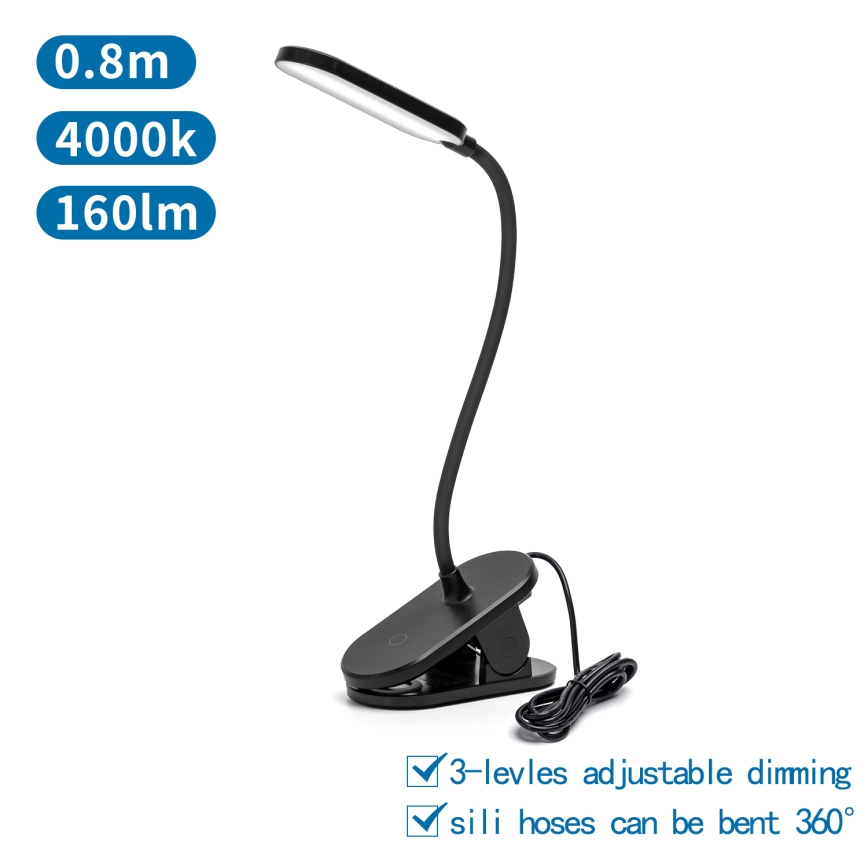 Aigostar - Lampe de table à intensité variable avec pince LED/2,5W/5V noir