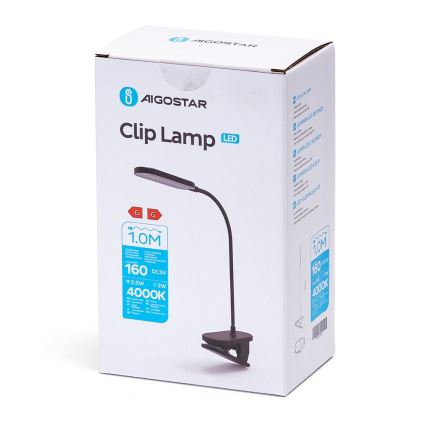 Aigostar - Lampe de table à intensité variable rechargeable avec pince LED/2,5W/5V noir