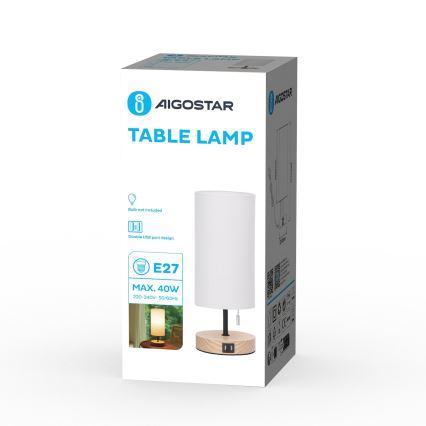 Aigostar - Lampe de table avec port USB 1xE27/40W/230V beige