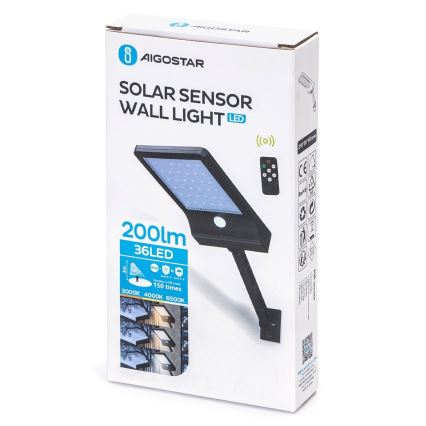 Aigostar - Lampe solaire à intensité variable avec détecteur LED/2,3W/5,5V IP65 + Télécommande