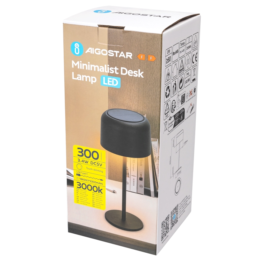 Aigostar - Lampe de table solaire à intensité variable rechargeable LED/3W/5V 2200mAh noir IP54