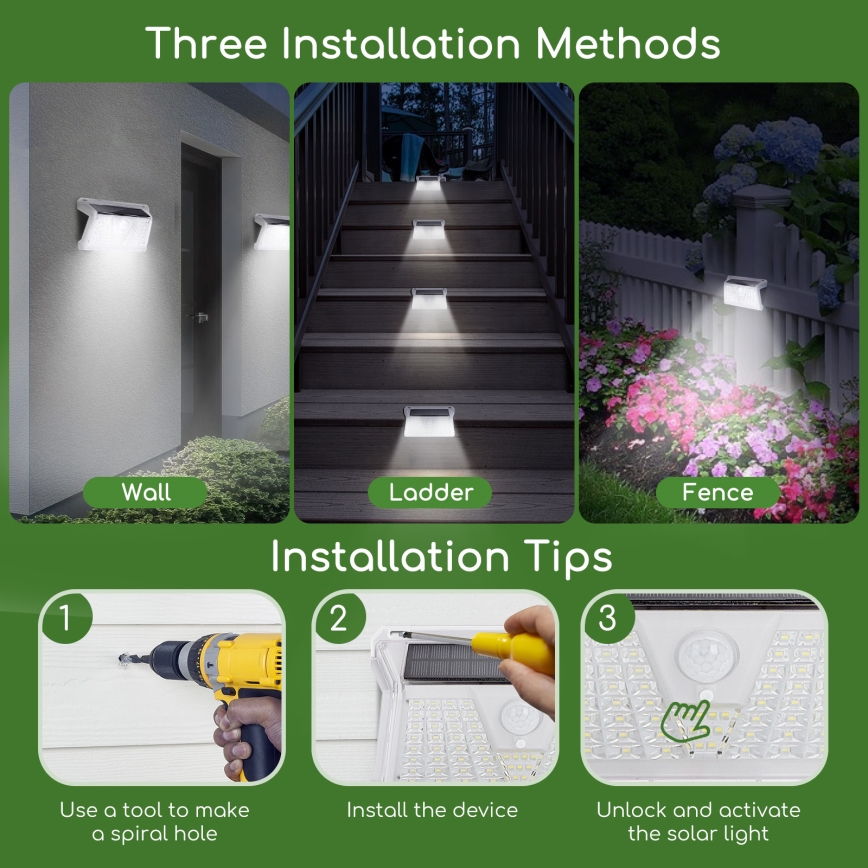 Aigostar - Lampe solaire extérieure avec détecteur LED/2,4W/5V 1200 mAh IP65