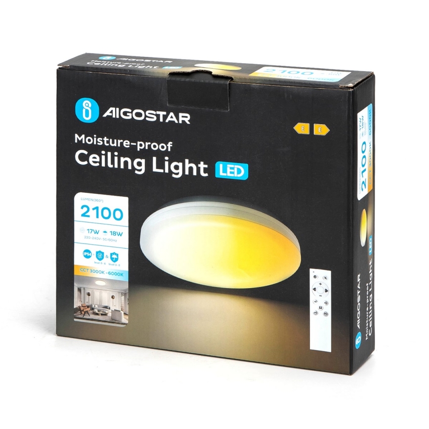 Aigostar - LED Dimbare badkamer plafondverlichting LED/18W/230V 3000-6000K IP54 + afstandsbediening
