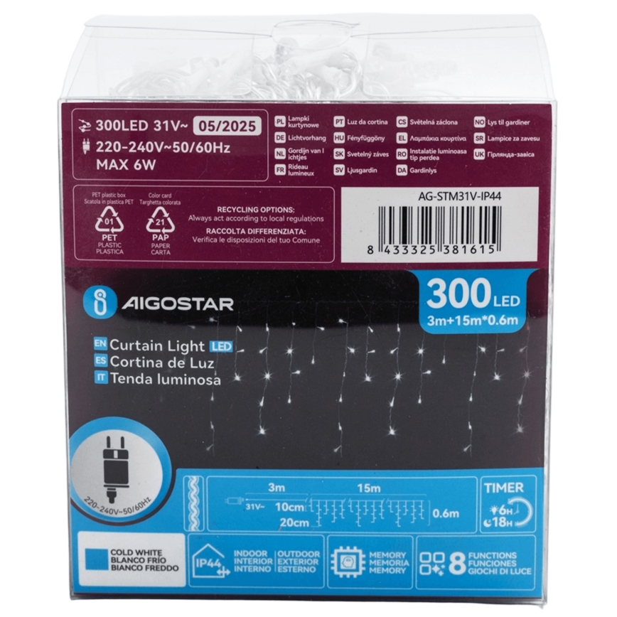 Aigostar - LED-lichtsnoer voor buiten, decoratief, 300xLED/6W/230V 15x0,6m IP44 koud wit