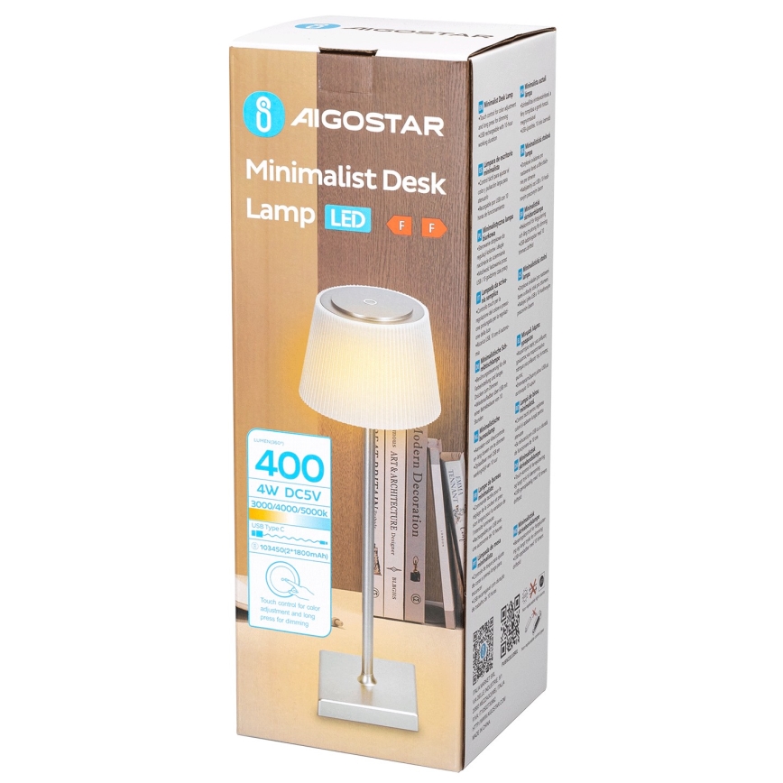 Aigostar - LED Buiten dimbare oplaadbare tafellamp LED/4W/5V 3600mAh wit/mat chroom IP54