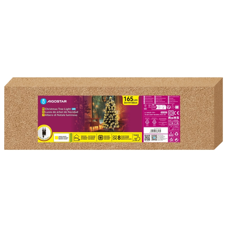 Aigostar - LED kerstboom voor buiten, 165 LED, 8 functies, 1,5 m, IP44, warm wit