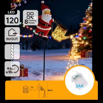 Aigostar - LED Buiten kerstdecoratie 120xLED/3xAA/8 functies 80 cm IP44 Santa/warm wit