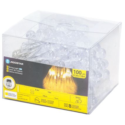 Aigostar - LED buiten kerstsnoer 100xLED/8 functies 3xAA 10 m IP44 warm wit druppels