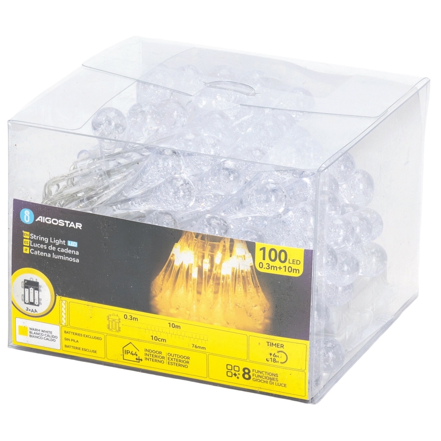 Aigostar - LED buiten kerstsnoer 100xLED/8 functies 3xAA 10 m IP44 warm wit druppels